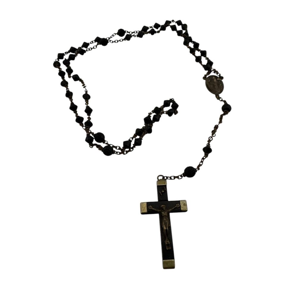 Vintage 1960s Rosary Ebony Beads and Brassy Chain Made in France